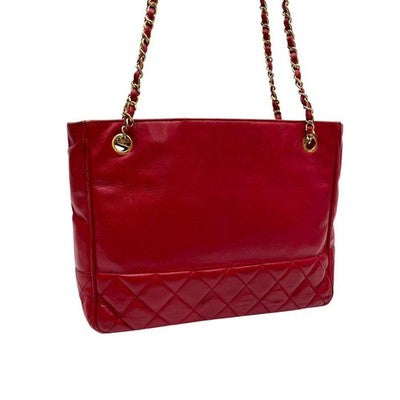 CHANEL MATELASSE LAMBSKIN CHAIN SHOULDER TOTE BAG RED QUILTED LEATHER COCO MARK