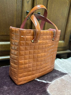CHANEL CHOCOLATE BAR PATENT LEATHER TOTE BAG COCO MARK BROWN AUTHENTIC