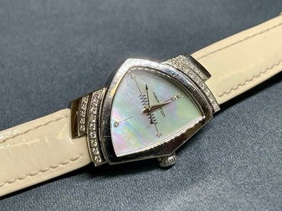 HAMILTON VENTURA QUARTZ H242610 ASYMMETRIC DIAMOND SS CASE BLACK LEATHER USED