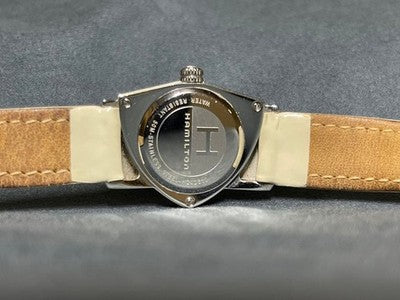 HAMILTON VENTURA QUARTZ H242610 ASYMMETRIC DIAMOND SS CASE BLACK LEATHER USED