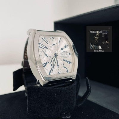 ORIS 7532 MILES TONNEAU CHRONOGRAPH DAY-DATE AUTOMATIC 41MM SILVER DIAL WITH BOX