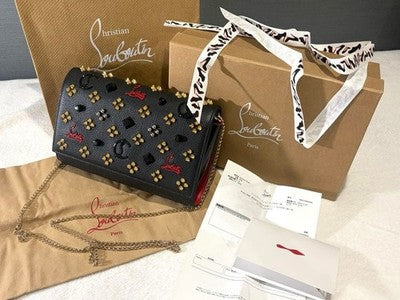 CHRISTIAN LOUBOUTIN PALOMA CLUTCH BLACK RED STUDDED CHAIN WALLET BAG 2WAY