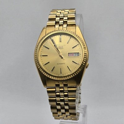 SEIKO 5 AUTOMATIC DAY-DATE 7S26-3110 FLUTED BEZEL GOLD DIAL MEN'S WATCH 36.3MM