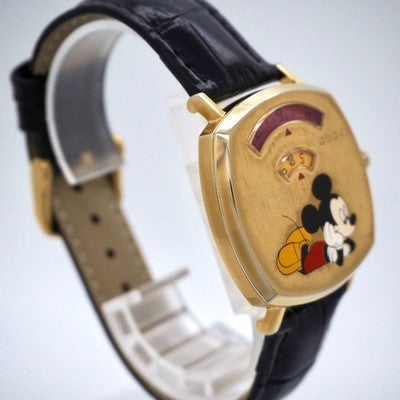 GUCCI DISNEY MICKEY MOUSE WATCH YA157420 BOYS SIZE GOLD DIAL BLACK BAND