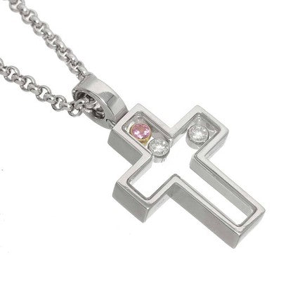 CHOPARD HAPPY DIAMONDS CROSS NECKLACE 18K WHITE PINK GOLD SAPPHIRE DIAMOND 42CM