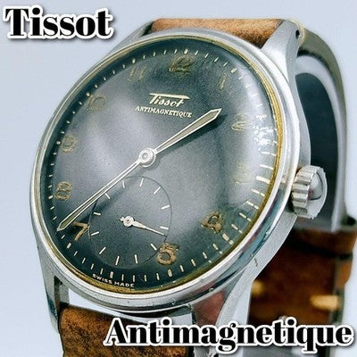TISSOT ANTIMAGNETIQUE HAND-WINDING WATCH BLACK DIAL SMALL SECONDS RARE 1940S