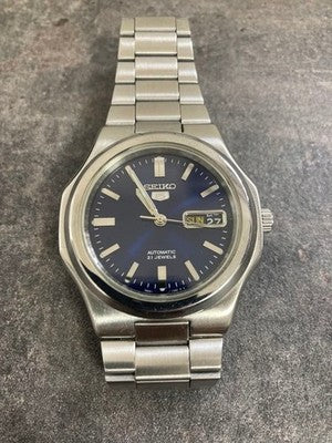 SEIKO 5 SNKK45 SUNBURST BLUE AUTOMATIC SILVER DIAL & BAND WATCH WORKING