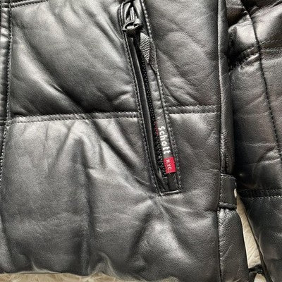 AUTH SCHOTT MEN'S ZIPPER DOWN JACKET LEATHER LOGO SIZE 40 BLACK VINTAGE