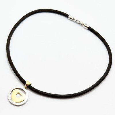 BVLGARI TONDO HEART PENDANT 18K YELLOW GOLD STEEL CHOKER NECKLACE USED