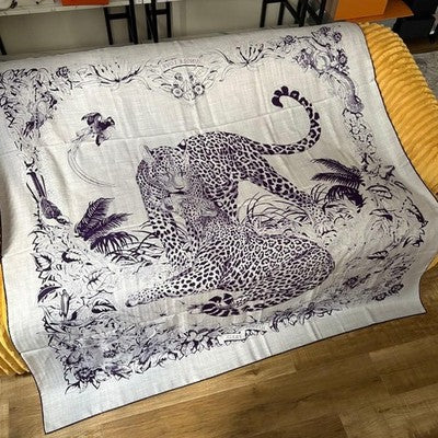 HERMES CARRE 140 JUNGLE LOVE LEOPARD CASHMERE SILK GRAY PURPLE GIFTS UNUSED