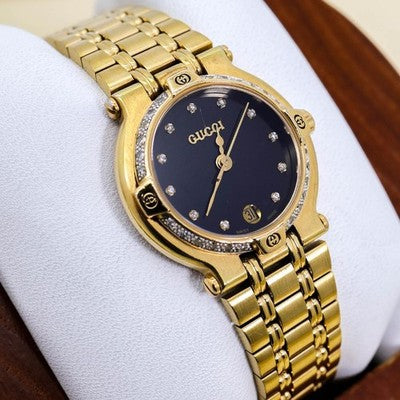 GUCCI 9200L DIAMOND BEZEL 11P DIAMONDS QUARTZ GOLD BLACK WATCH 3242
