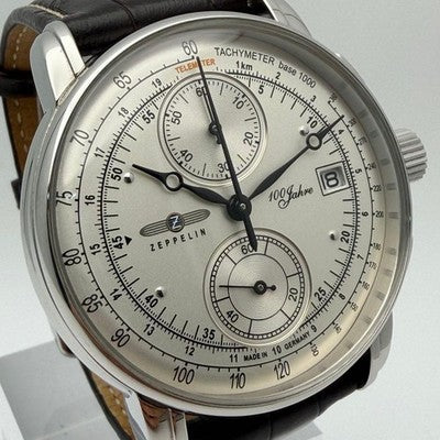 ZEPPELIN 100 JAHRE 8670-1 QUARTZ CHRONOGRAPH MEN'S WATCH SILVER DIAL BROWN BAND