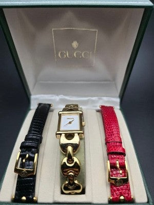 GUCCI 1800L VINTAGE WATCH W/ 2 EXTRA STRAPS & BOX GOLD PLATED SWISS