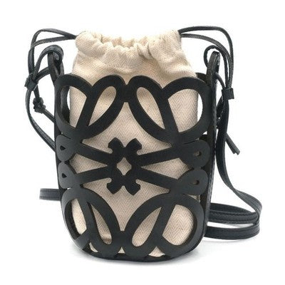 LOEWE ANAGRAM CUTOUT SHOULDER BAG C922Y62X07 BLACK NATURAL CANVAS LEATHER