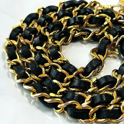 CHANEL BELT AUTH GOLD PLATE MEDAL BLACK LEATHER KENKENJP COIN 98CM CHAIN COCO CC