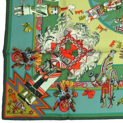 HERMES CARRE 90 KACHINAS SILK SCARF GREEN UNISEX USED W/BOX