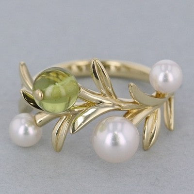 MIKIMOTO OLIVE PEARL RING 750 YELLOW GOLD LEAF MOTIF PEARL JEWELRY WITH BOX