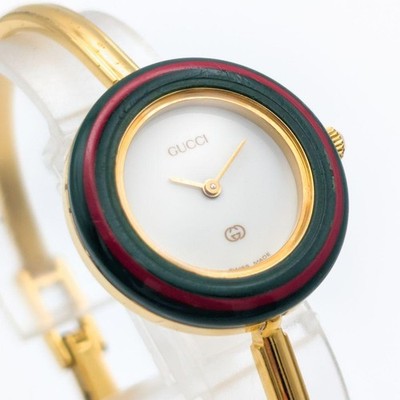 GUCCI 1100L BANGLE WATCH GOLD WHITE DIAL CHANGEABLE BEZEL QUARTZ LADIES RARE