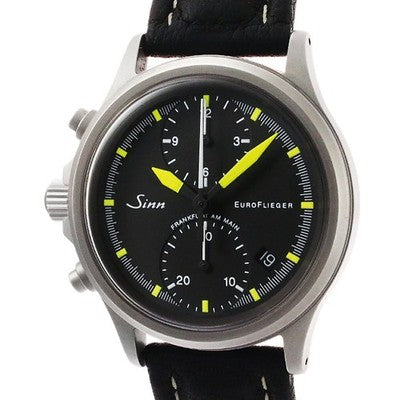 SINN 356 EURO FLIEGER CHRONOGRAPH AUTO BLACK DIAL W/ LEATHER STRAP PILOT WATCH