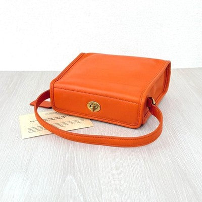 COACH VINTAGE GEOMETRIC TURNLOCK HAND BAG ORANGE LEATHER RARE USA MADE OLD COACH