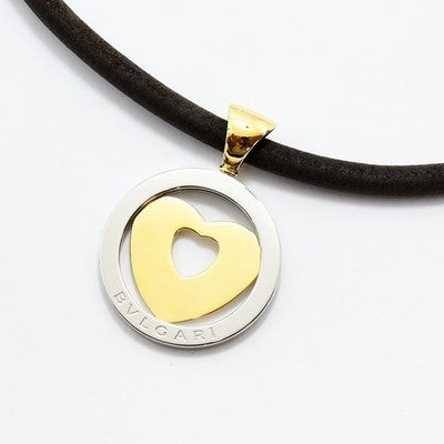 BVLGARI TONDO HEART PENDANT 18K YELLOW GOLD STEEL CHOKER NECKLACE USED