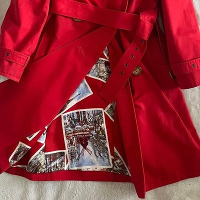 CELINE RED COTTON TRENCH COAT BELT SCARF HANGER SET SIZE S FRANCE MADE