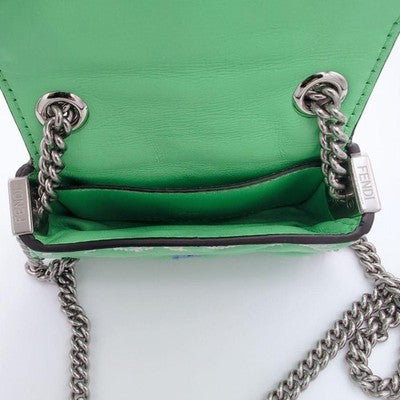 FENDI ZUCCA NANO BAGUETTE LEATHER SHOULDER BAG GREEN NEAR MINT