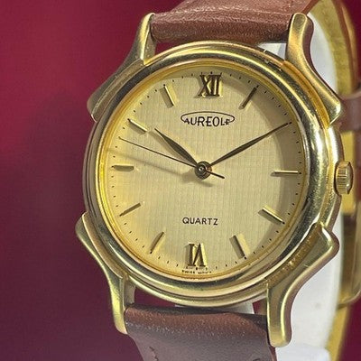AUREOLE QUARTZ MEN'S WRISTWATCH 90S VINTAGE ROUND FACE LEATHER STRAP BAMBI