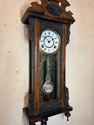 JUNGHANS ANTIQUE WALL CLOCK PENDULUM MECHANICAL CARVED WOOD BLACK PERSIMMON
