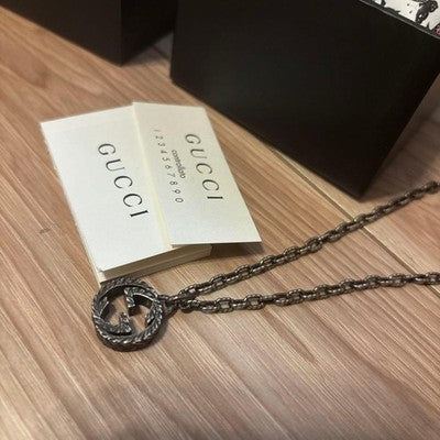 GUCCI INTERLOCKING G LOGO NECKLACE SILVER 925 DOUBLE G MEN'S W/BOX NEAR MINT
