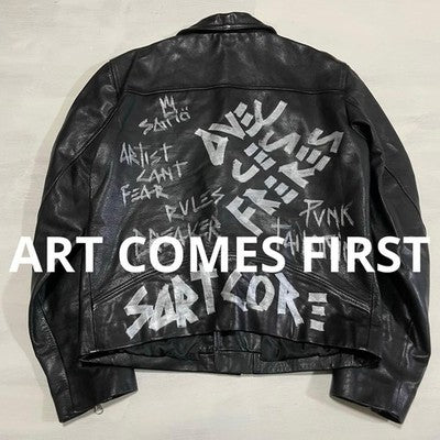 ART COMES FIRST LEATHER RIDER JACKET EARLY-ERA PUNK HAND-PAINTED BLACK SIZE 40