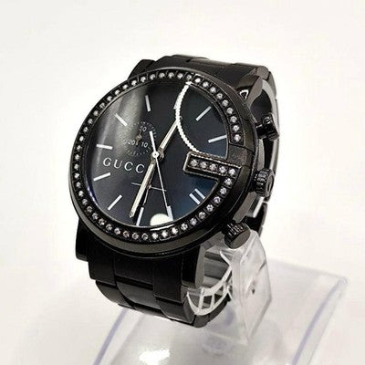 GUCCI 101M ROUND CHRONOGRAPH DIAMOND BEZEL QUARTZ WATCH BLACK BUCKLE