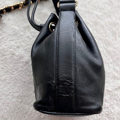CHANEL COCO MARK CHAIN DRAWSTRING SHOULDER BAG BLACK LAMBSKIN USED
