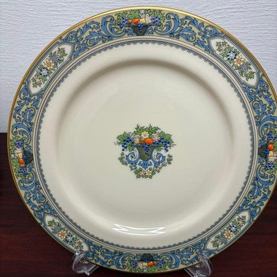 LENOX AUTUMN DINNER PLATES 27CM SET OF 6 IVORY BLUE GOLD TRIM USA MADE VINTAGE