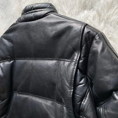 AUTH SCHOTT MEN'S ZIPPER DOWN JACKET LEATHER LOGO SIZE 40 BLACK VINTAGE