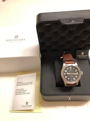 STEINHART MILITARY 42 AUTOMATIC WATCH ETA 2824-2 BLACK DIAL 42MM BROWN STRAP