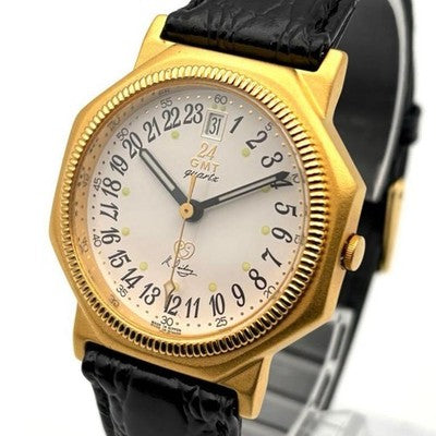 ISHIHARA 18KGP GMT QUARTZ MEN'S WRISTWATCH 24-HOUR CALENDAR JAPAN MADE