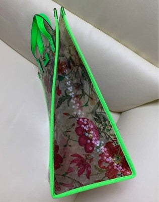 GUCCI FLORA GREEN VINYL TOTE BAG AUTHENTIC FLORAL PATTERN LARGE CAPACITY