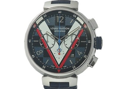 LOUIS VUITTON TAMBOUR CHRONOGRAPH DAMIER COBALT V QA076 SS BLUE/WHITE/RED WATCH