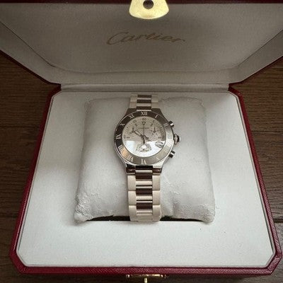 CARTIER CHRONOSCAPH SM W10197U2 QUARTZ WATCH WHITE DIAL STEEL RUBBER BOX