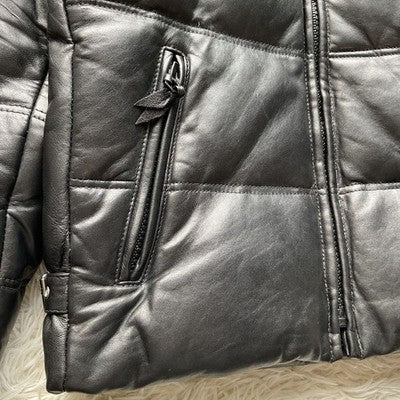 AUTH SCHOTT MEN'S ZIPPER DOWN JACKET LEATHER LOGO SIZE 40 BLACK VINTAGE