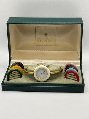 GUCCI CHANGE BEZEL 12 COLORS GOLD WOMEN'S WATCH M SIZE WORKING BEAUTIFUL