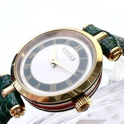 GUCCI 2000L SHERRY LINE WOMENS QUARTZ WATCH WHITE DIAL GREEN LEATHER BAND W/BOX