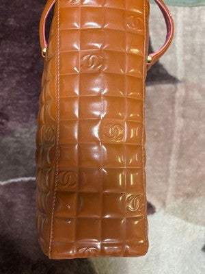 CHANEL CHOCOLATE BAR PATENT LEATHER TOTE BAG COCO MARK BROWN AUTHENTIC