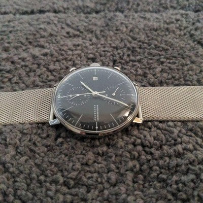 JUNGHANS MAX BILL CHRONOSCOPE ROUND FACE GERMAN MADE MESH BRACELET BLACK DIAL