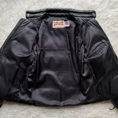 AUTH SCHOTT MEN'S ZIPPER DOWN JACKET LEATHER LOGO SIZE 40 BLACK VINTAGE