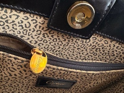 CARTIER PANTHERE VINTAGE BLACK HANDBAG LEOPARD LINING SHOULDER BAG WITH BOX