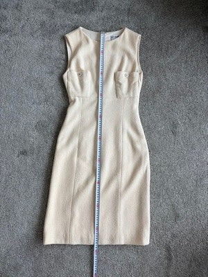 CHANEL IVORY SLEEVELESS DRESS SIZE 38 WOOL SILK CC BUTTON ELEGANT AUTHENTIC