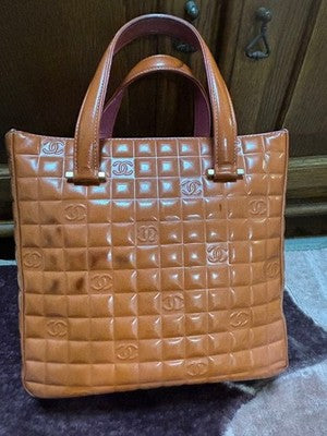CHANEL CHOCOLATE BAR PATENT LEATHER TOTE BAG COCO MARK BROWN AUTHENTIC