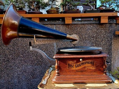 COLUMBIA DISC GRAPHOPHONE PHONOGRAPH 1907 ANTIQUE WOOD W RECORD JAPAN